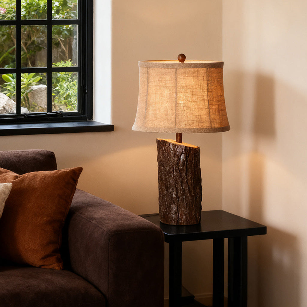 Faux Wood Table Lamp with Bark-Textured Fabric Shade - Rustic Nightstand Lighting