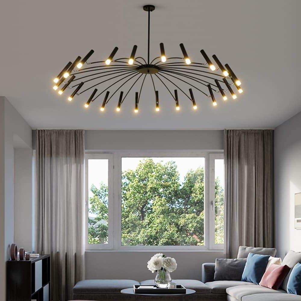 Modern 24-Light Round Chandelier - 63'' Dia, Adjustable Height, Black Finish, LED Lighting