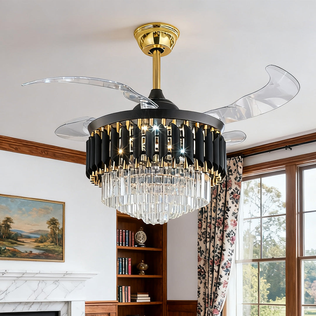 Black Ceiling Fan with Light - Luxury Transparent PC Blades, Iron Frame