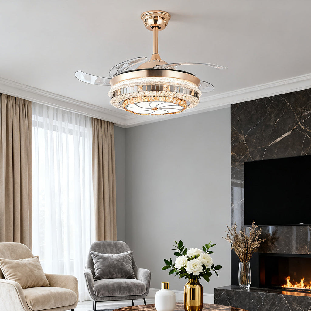 Gold Crystal Ceiling Fan Light – 4-Blade Invisible Lamp