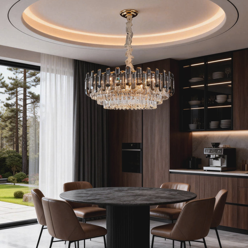 Round Drum Crystal Chandelier - Modern Metal Ceiling Light