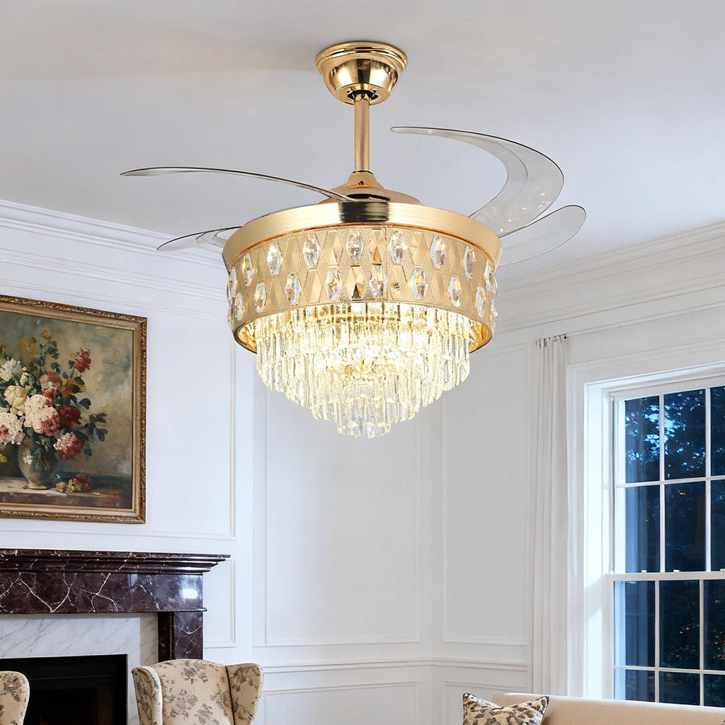 Luxury Gold Iron Ceiling Fan with Crystal Lights and Pendant
