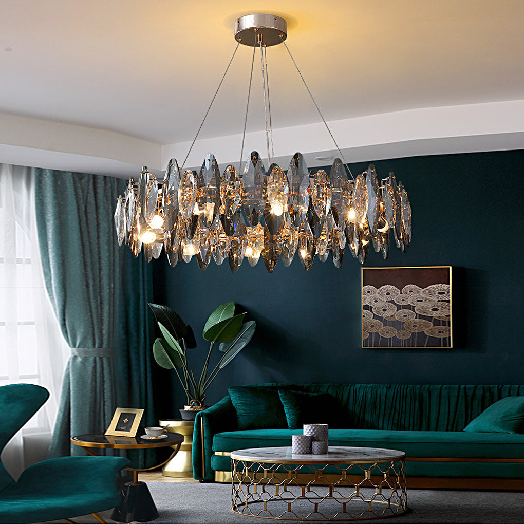 Modern Oval Crystal Chandelier – Smoke Gray LED Round Iron Light Fixture