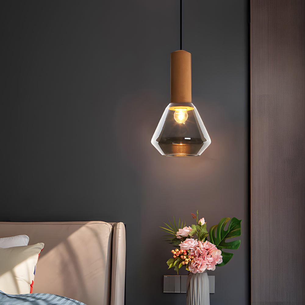 Luxury Copper Glass Jar Pendant Light - 1-Light Wood Fixture with Cork Diamond Glass Suspension