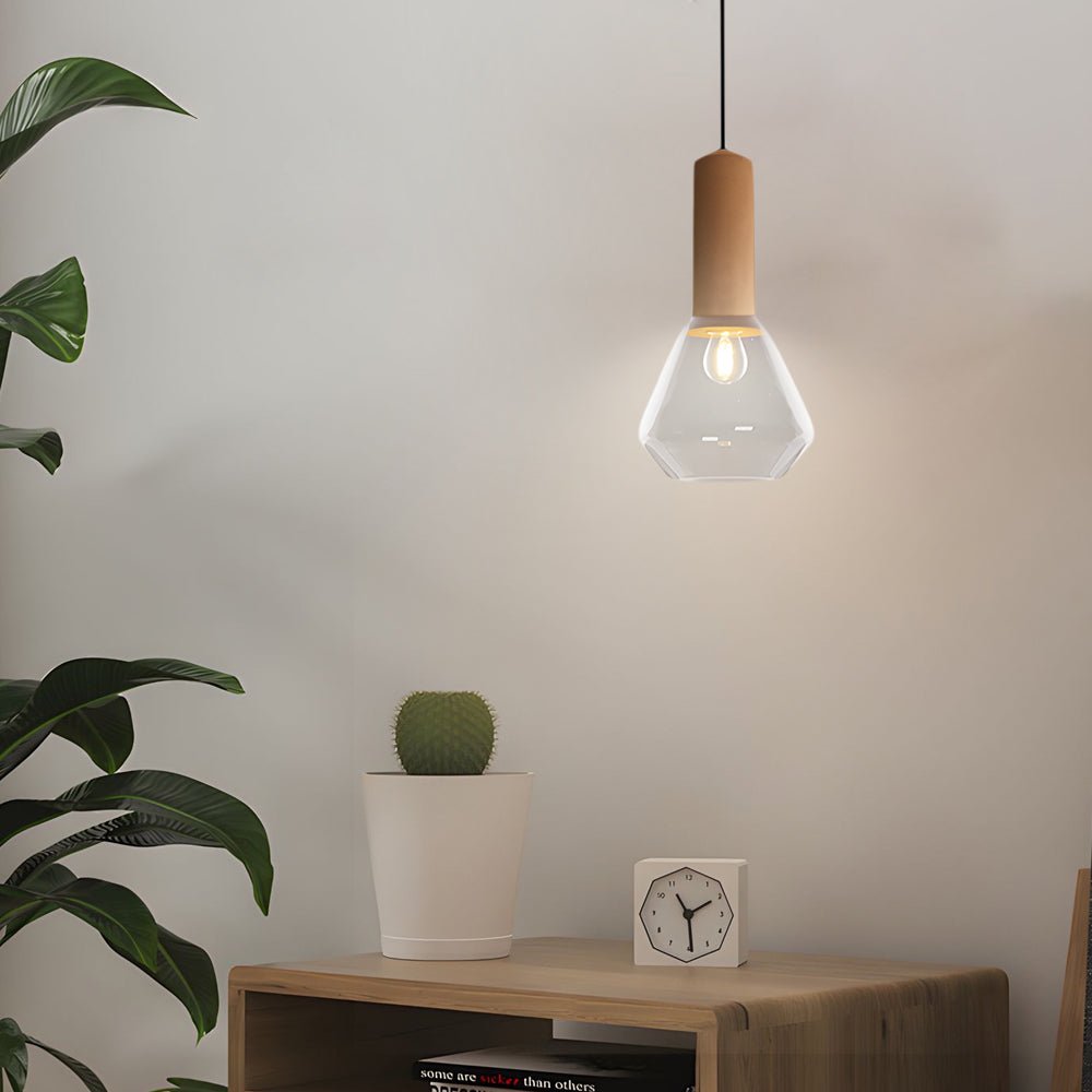 Luxury Copper Glass Jar Pendant Light - 1-Light Wood Fixture with Cork Diamond Glass Suspension