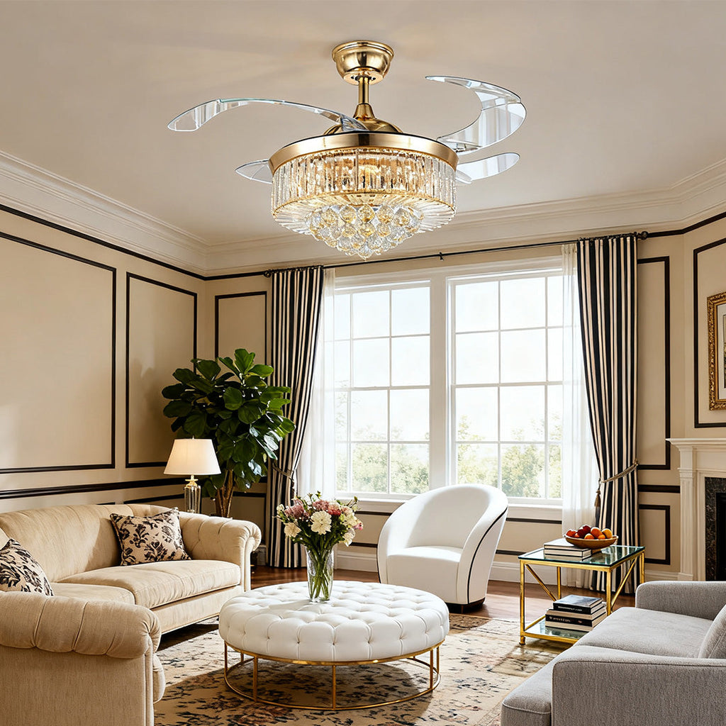 European Style Gold Crystal Ceiling Fan with Lights Luxury Iron Design