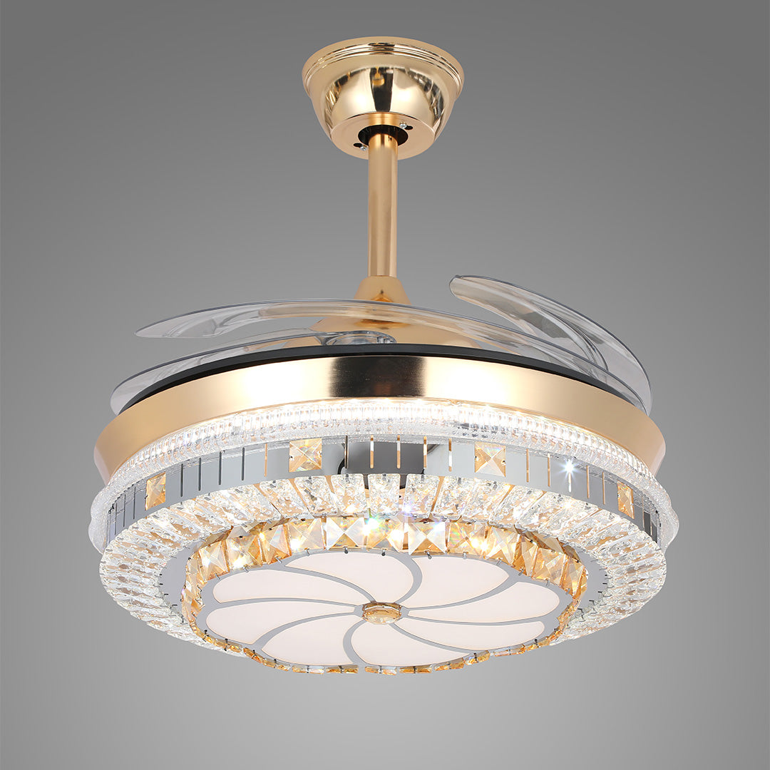 Gold Crystal Ceiling Fan Light – 4-Blade Invisible Lamp