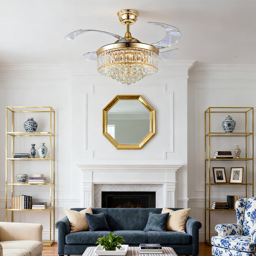 European Style Gold Crystal Ceiling Fan with Lights Luxury Iron Design