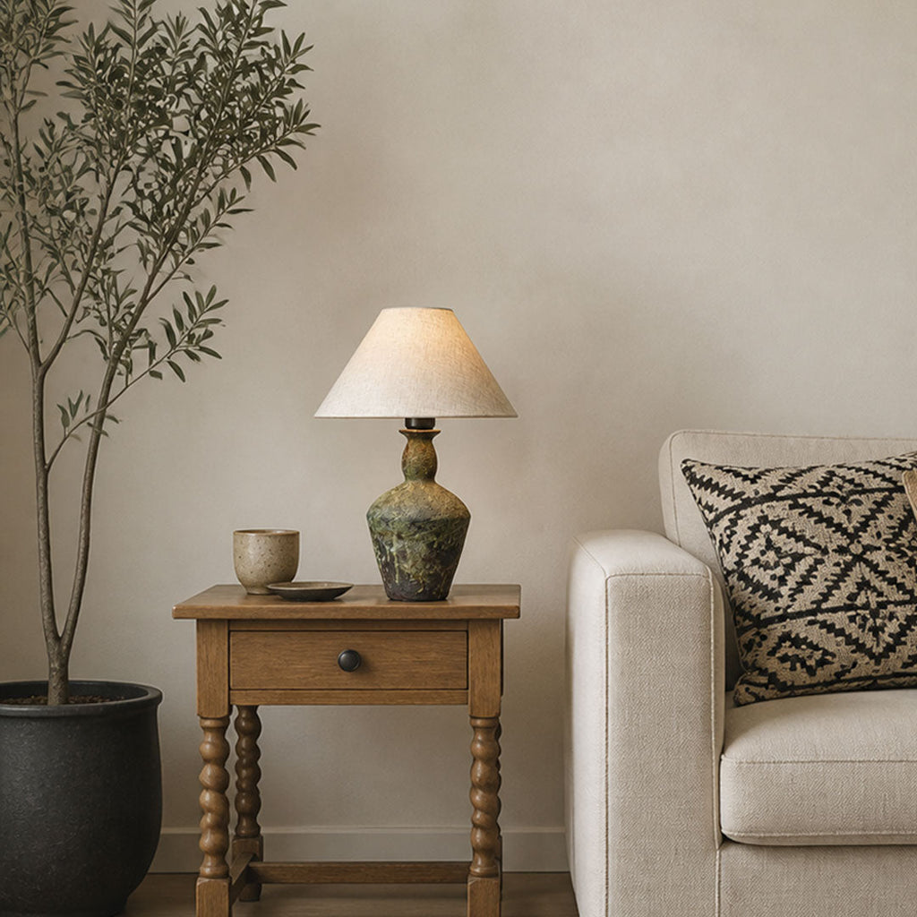 Ceramic Wabi-Sabi Moss Bedside Table Lamp - Unique Rustic Lighting for Home Decor