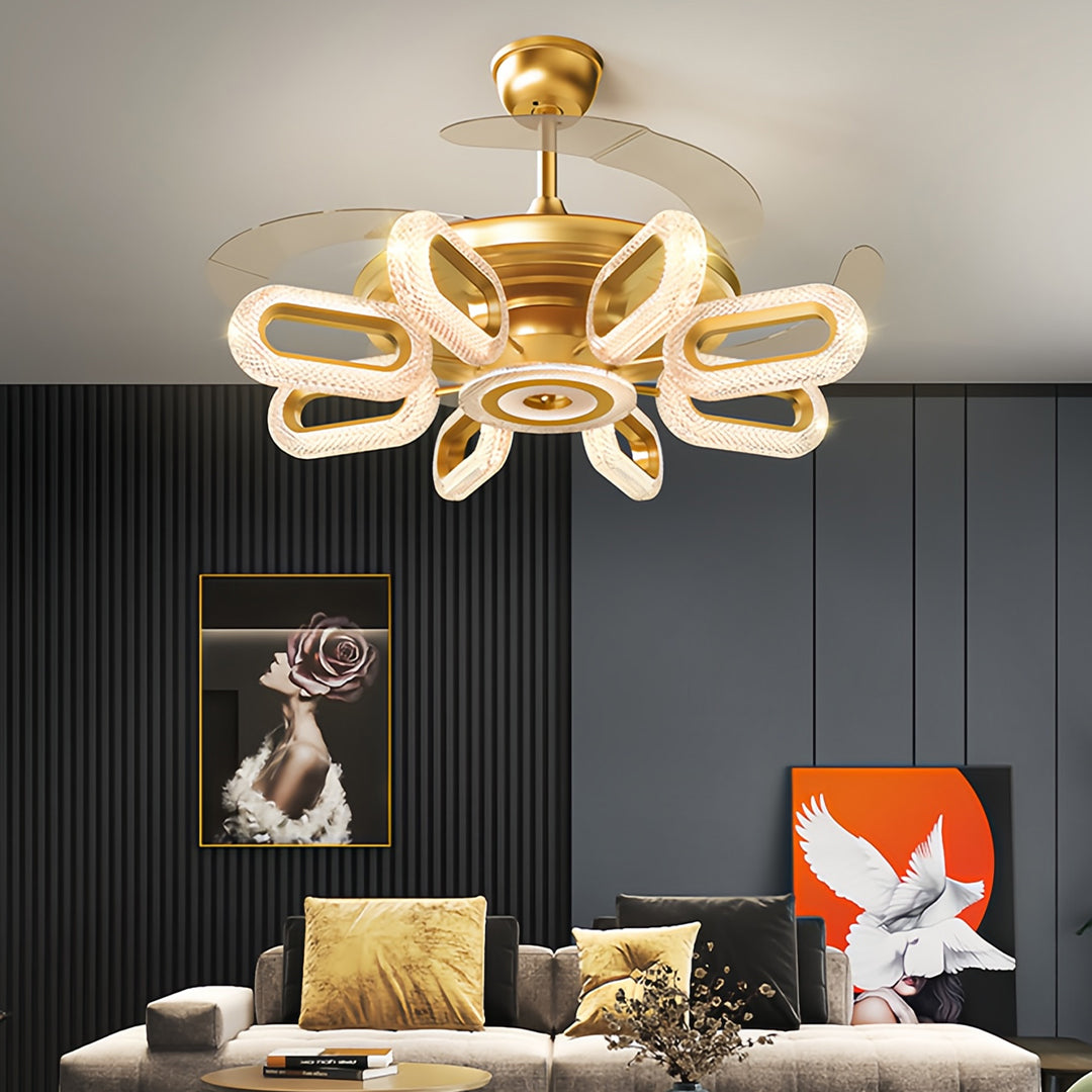 Gold Ceiling Fan with LED Light - Iron Brightness Fixture for Home Decor
