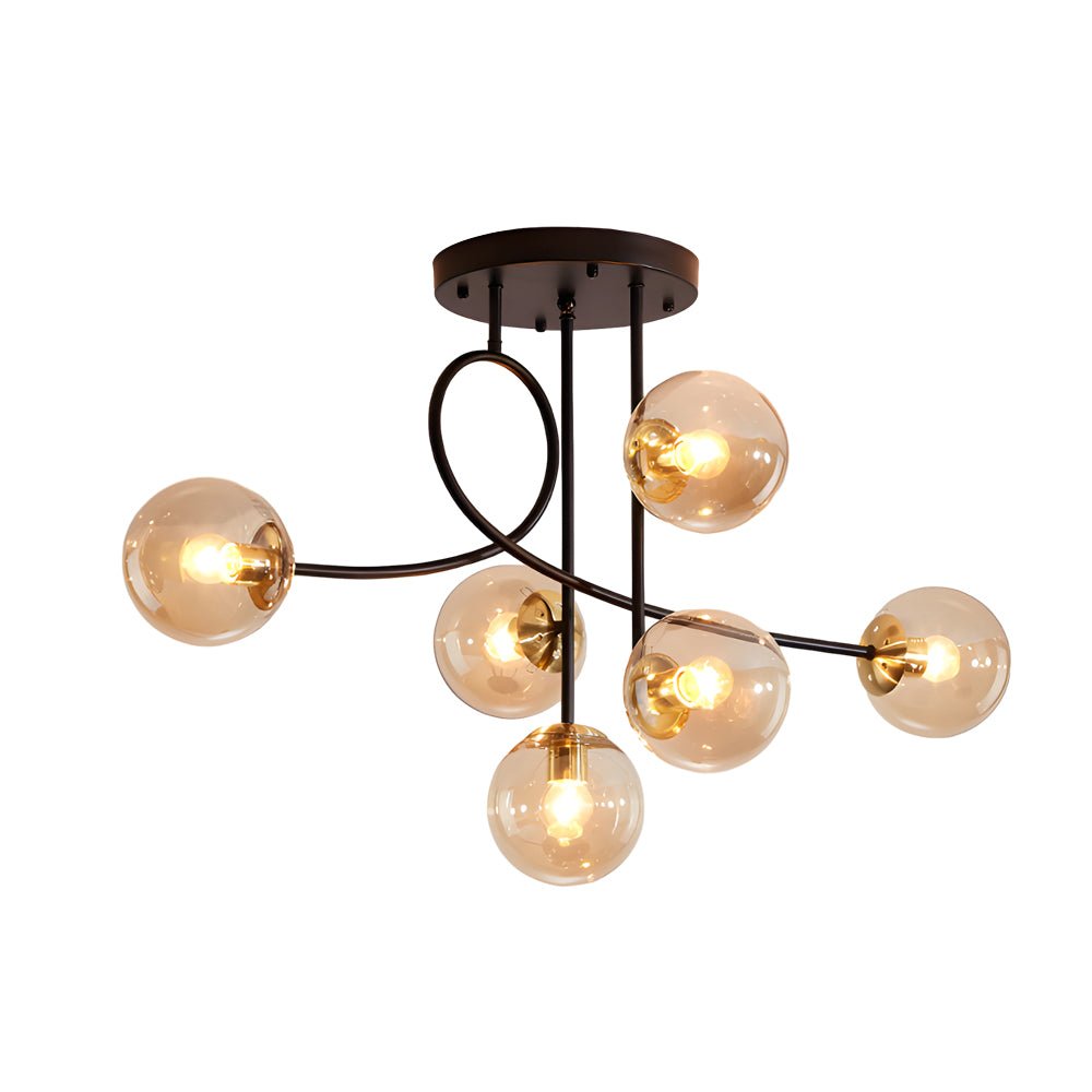 Modern 6-Light Gold Black Semi-Flush Chandelier with Glass Shade