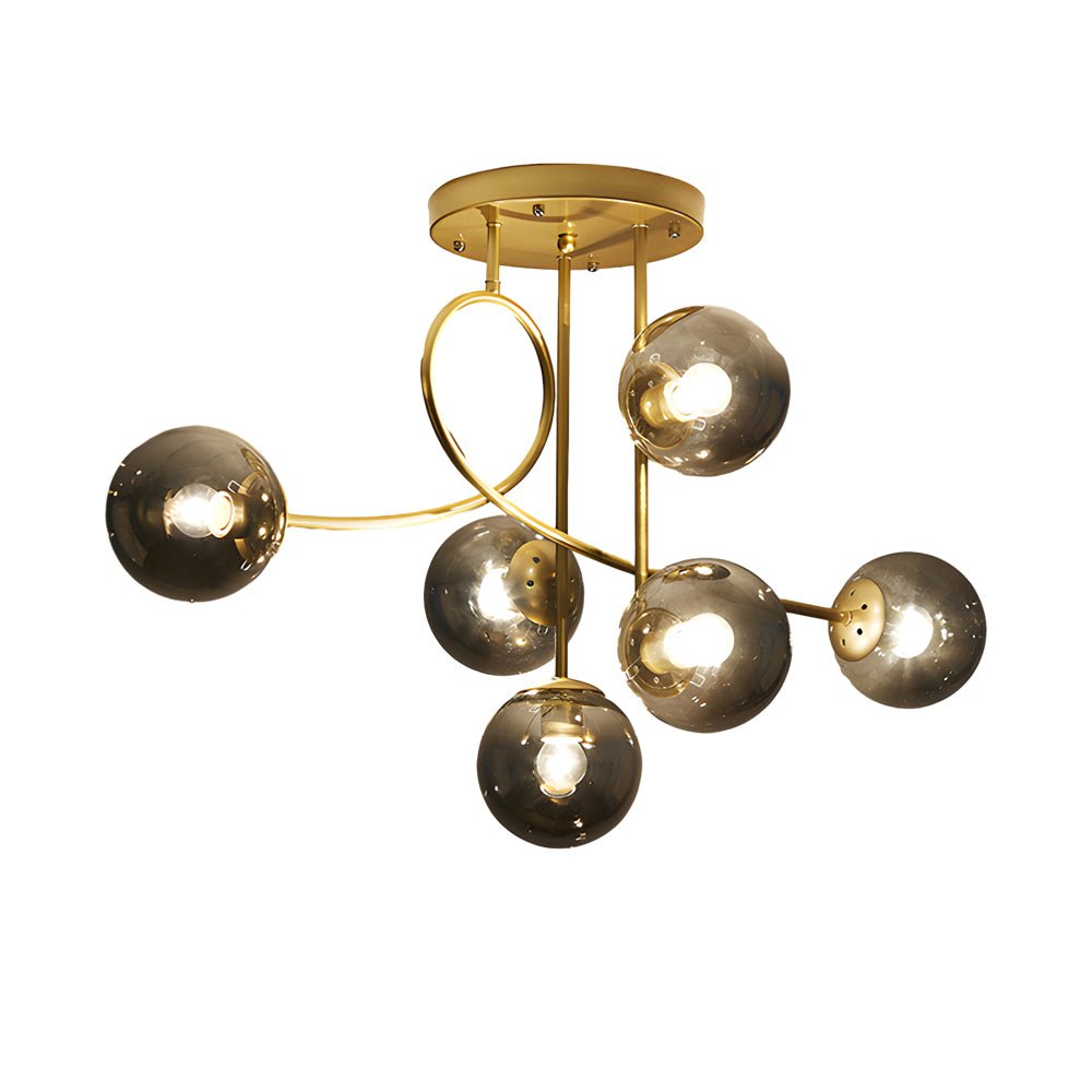 Modern 6-Light Gold Black Semi-Flush Chandelier with Glass Shade