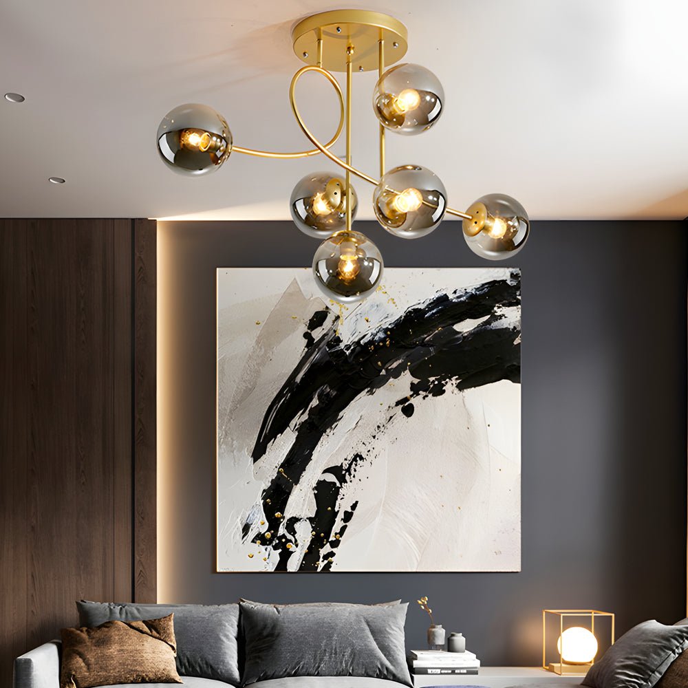 Modern 6-Light Gold Black Semi-Flush Chandelier with Glass Shade