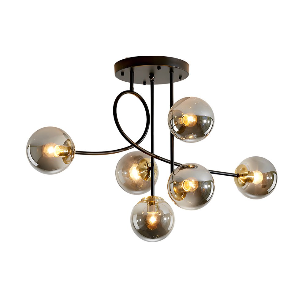 Modern 6-Light Gold Black Semi-Flush Chandelier with Glass Shade