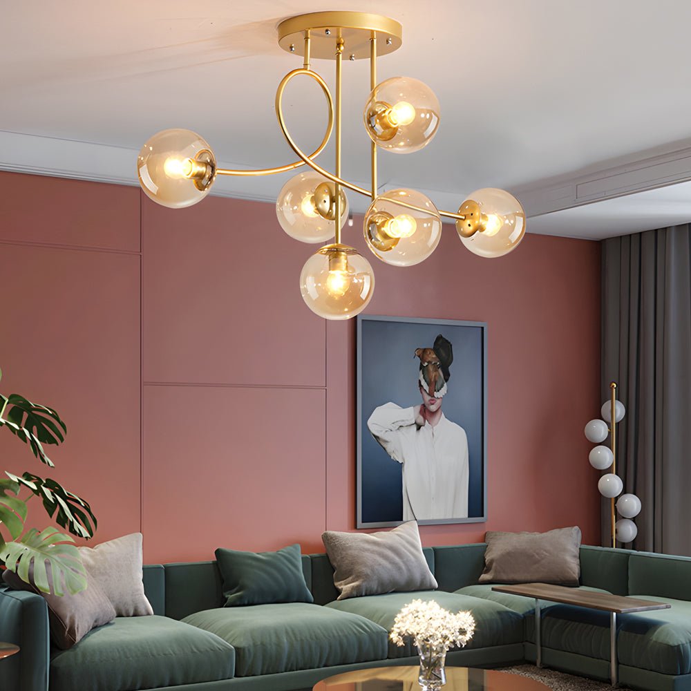 Modern 6-Light Gold Black Semi-Flush Chandelier with Glass Shade