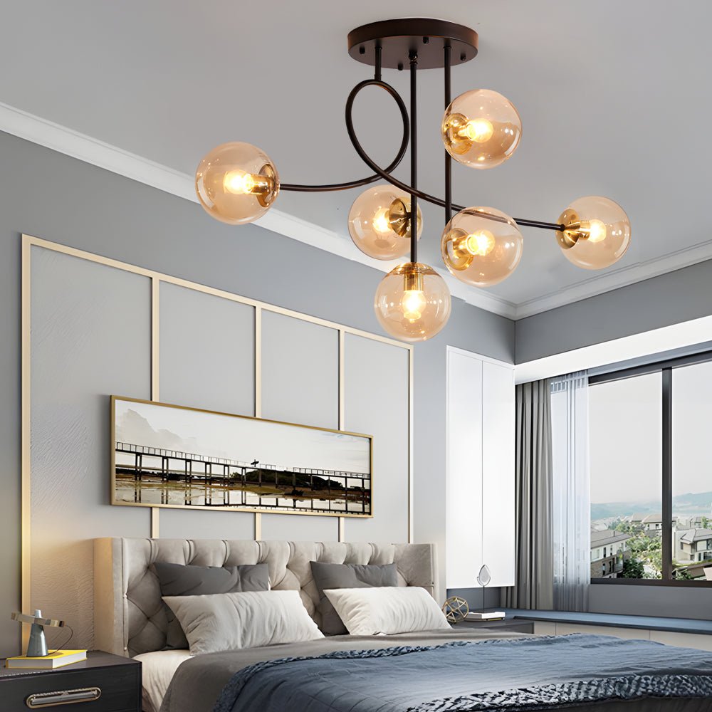 Modern 6-Light Gold Black Semi-Flush Chandelier with Glass Shade