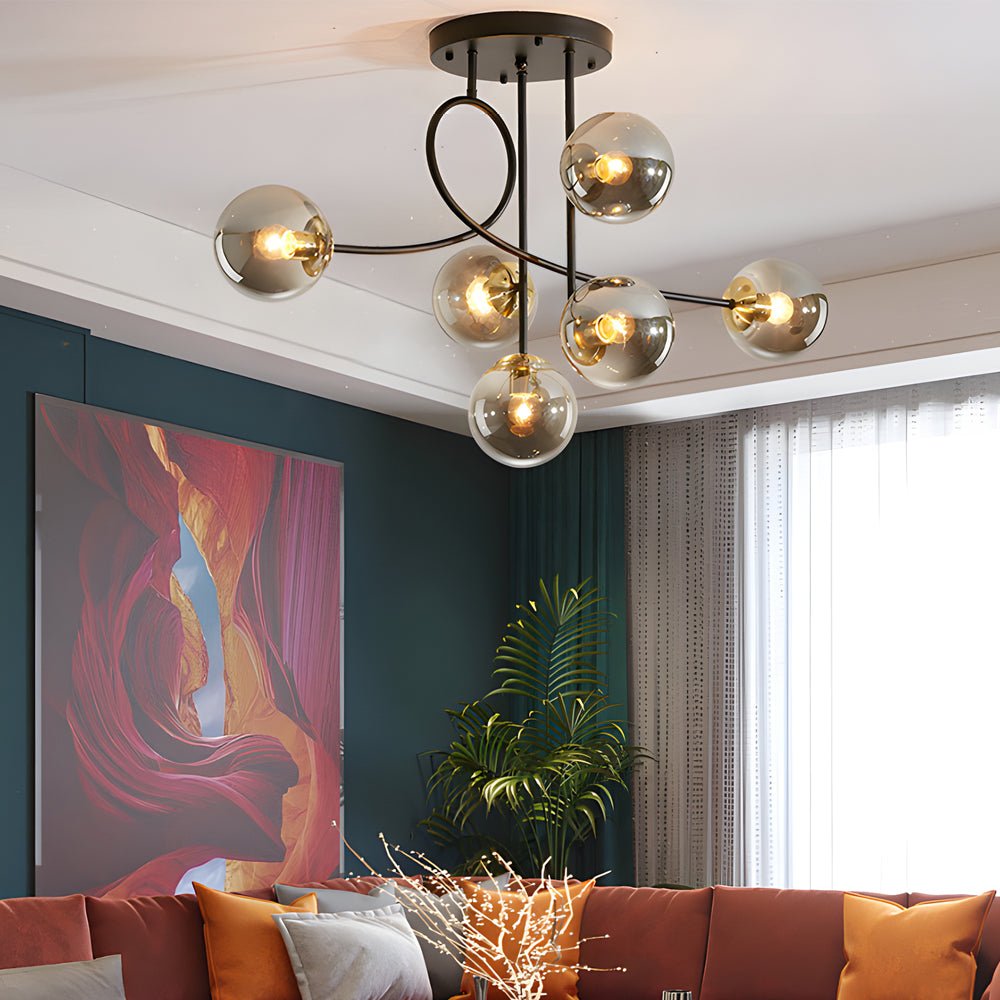 Modern 6-Light Gold Black Semi-Flush Chandelier with Glass Shade