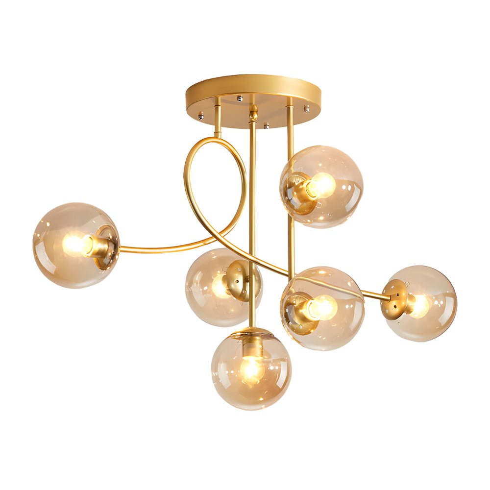 Modern 6-Light Gold Black Semi-Flush Chandelier with Glass Shade