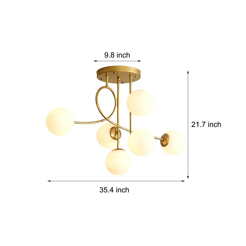 Modern 6-Light Gold Black Semi-Flush Chandelier with Glass Shade