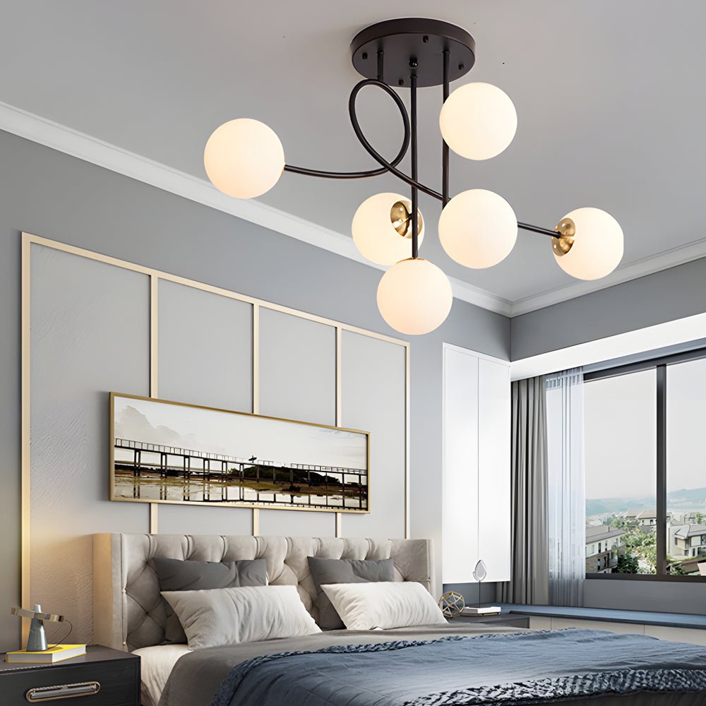 Modern 6-Light Gold Black Semi-Flush Chandelier with Glass Shade