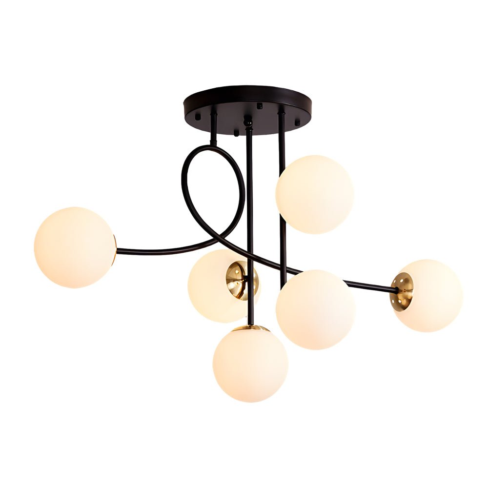 Modern 6-Light Gold Black Semi-Flush Chandelier with Glass Shade