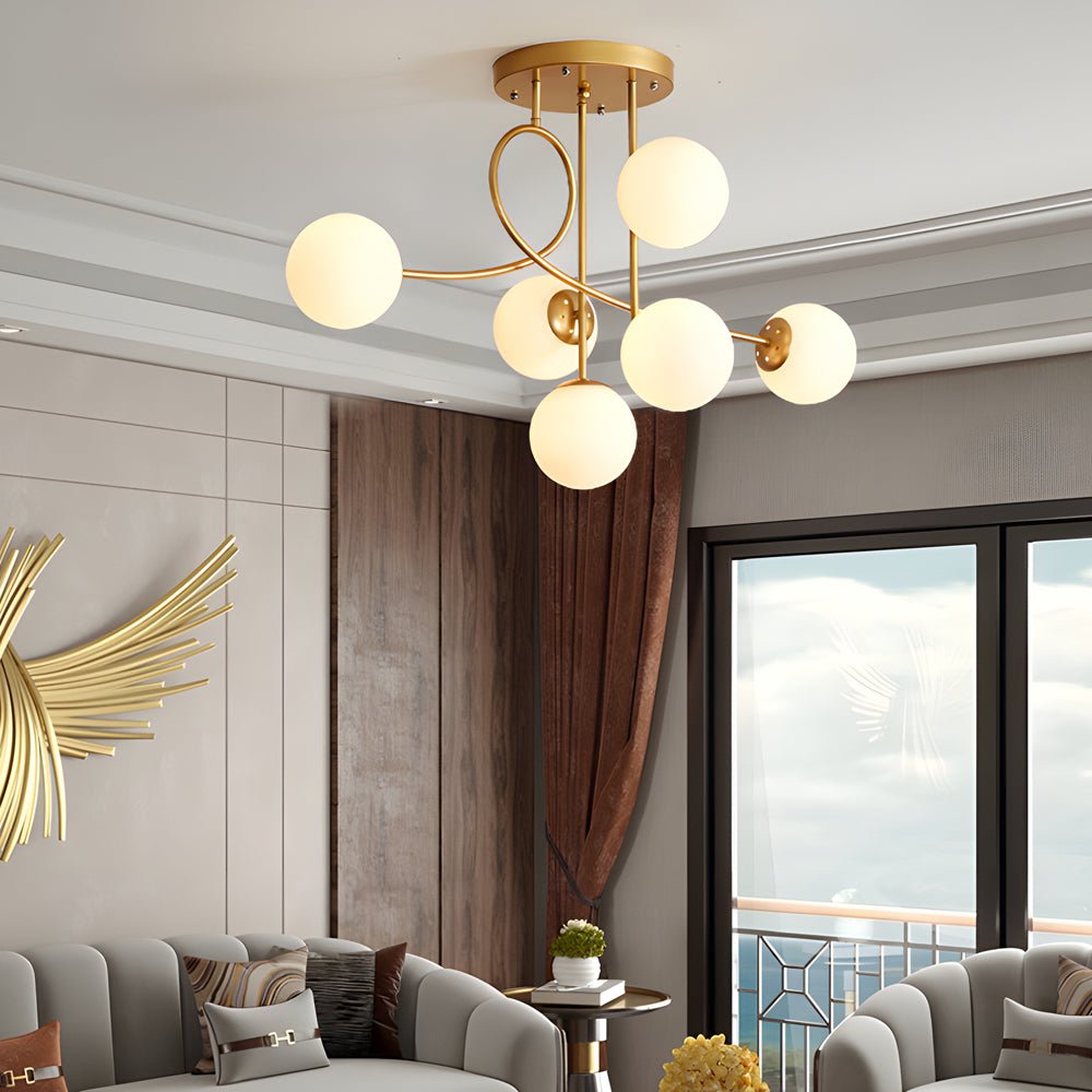 Modern 6-Light Gold Black Semi-Flush Chandelier with Glass Shade