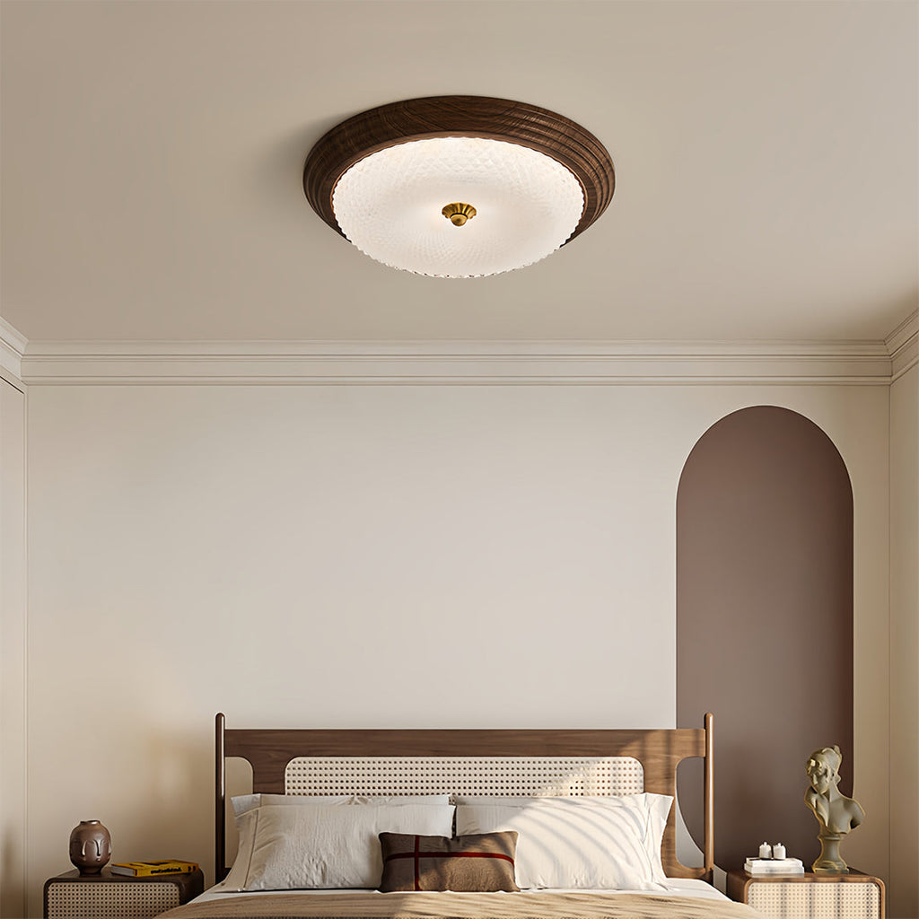 Vintage Art Deco Walnut Flush Mount Ceiling Light - Full-Spectrum Illumination