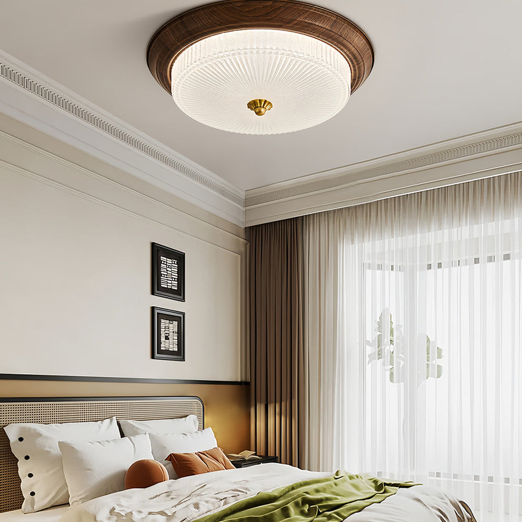Vintage Art Deco Walnut Flush Mount Ceiling Light - Full-Spectrum Illumination