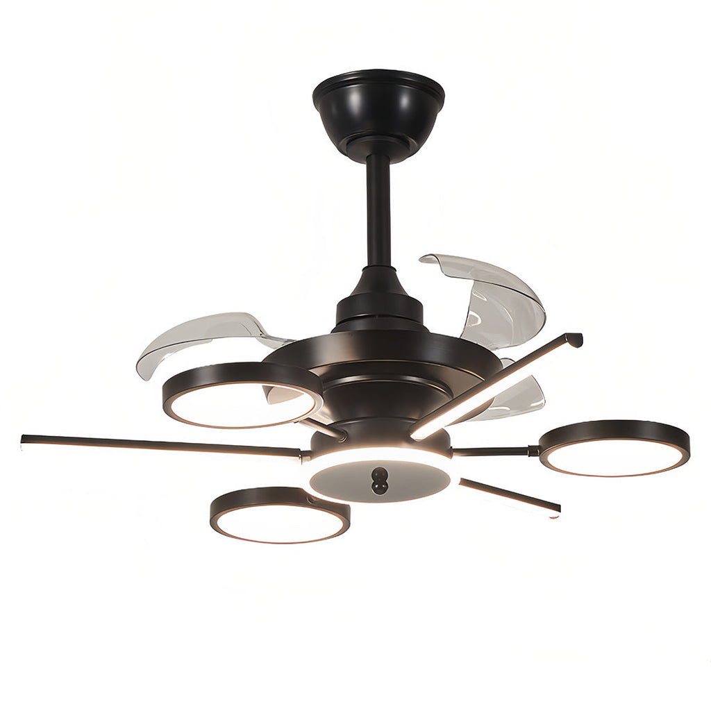 French Vintage Black Iron Ceiling Fan with 3 Blades and Multiple Lights