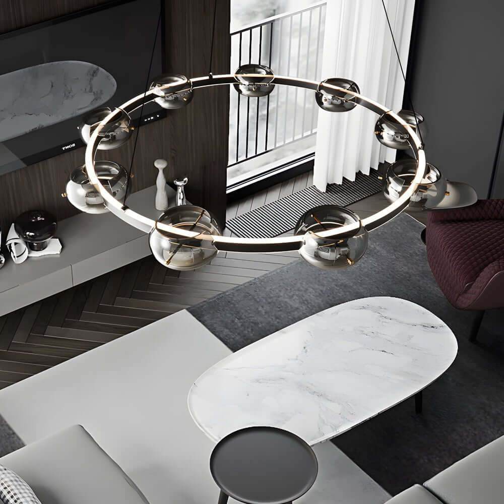 Modern Black Copper Ring Glass Sphere LED Chandelier - Stylish Lighting Fixture