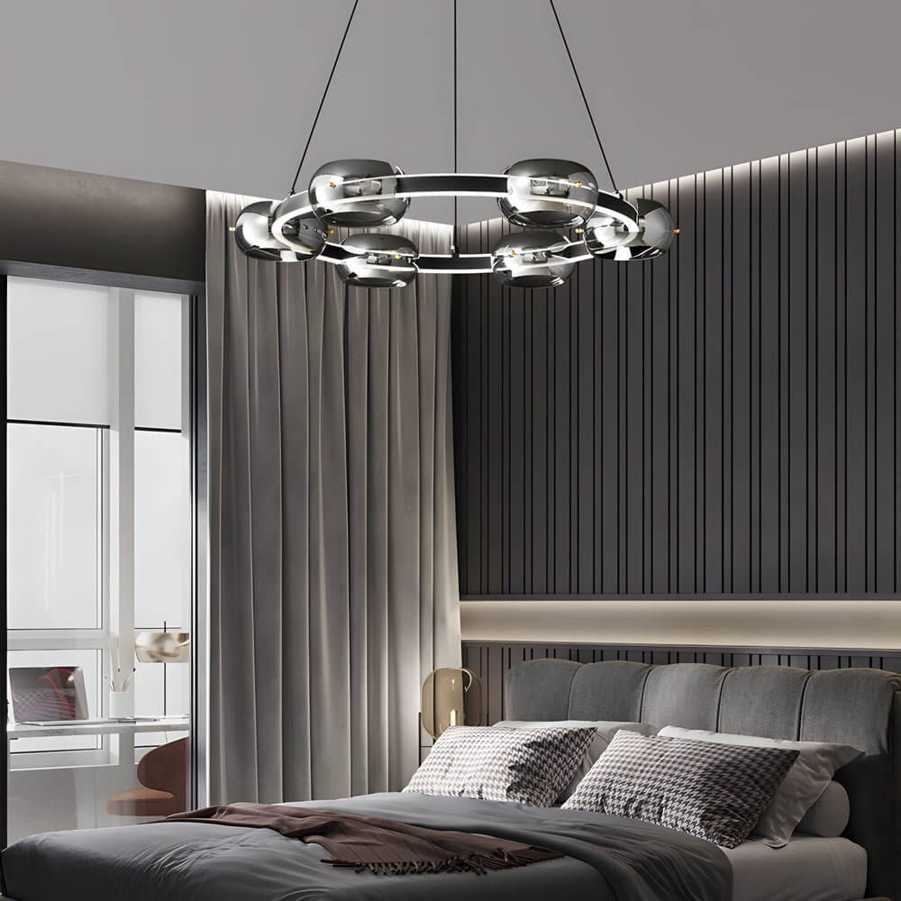 Modern Black Copper Ring Glass Sphere LED Chandelier - Stylish Lighting Fixture