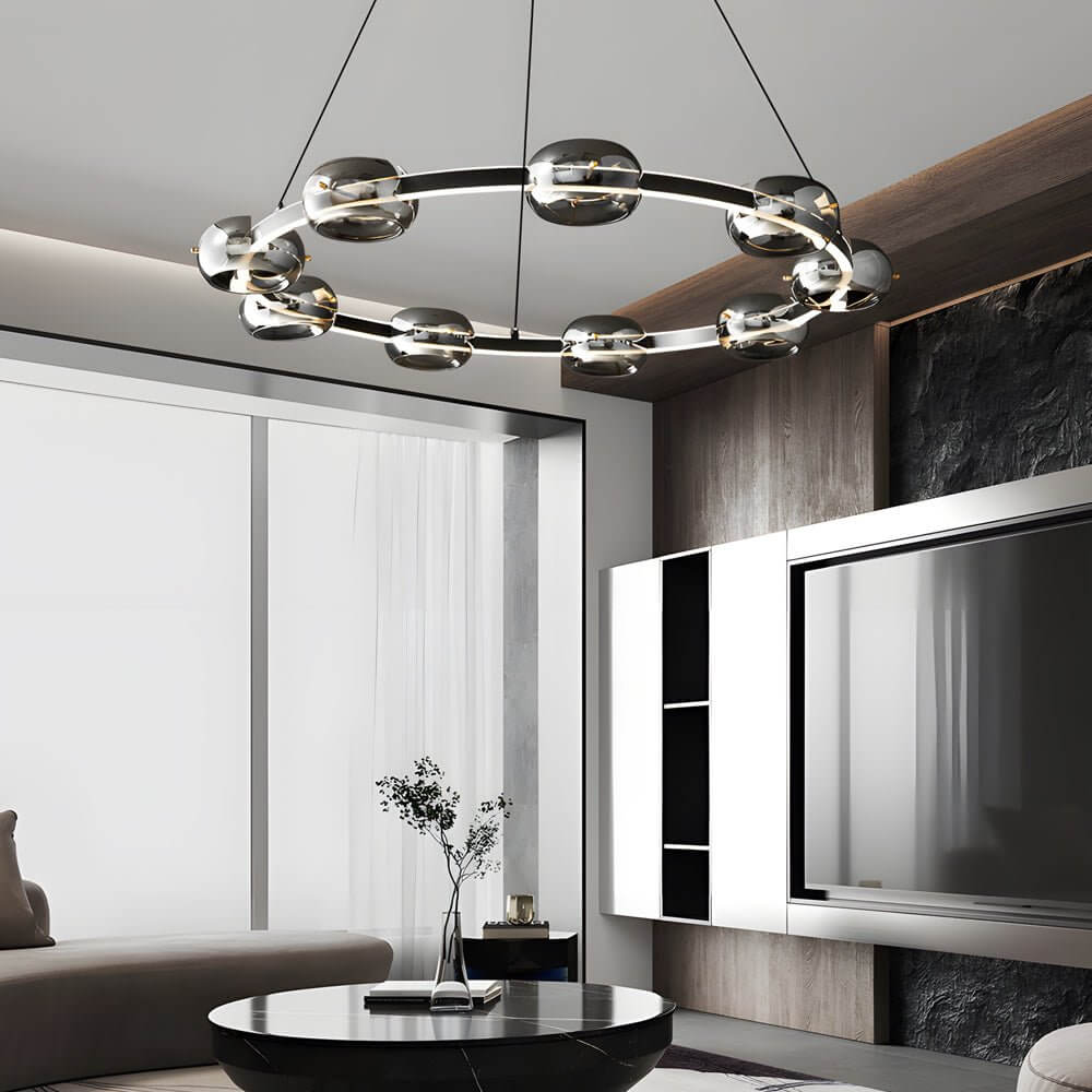 Modern Black Copper Ring Glass Sphere LED Chandelier - Stylish Lighting Fixture