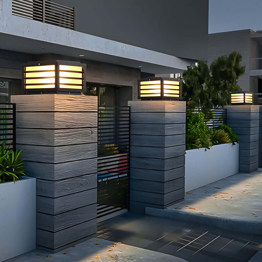 Black Gate Pillar Lights Modern LED Square Grid Design