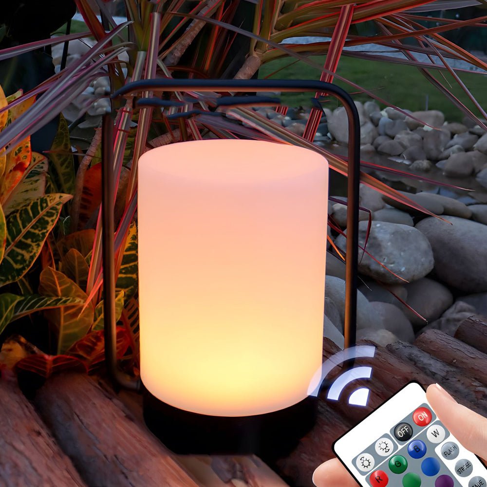 Modern Black Portable Outdoor Table Lamp - USB & IP65 White Cylinder Shade