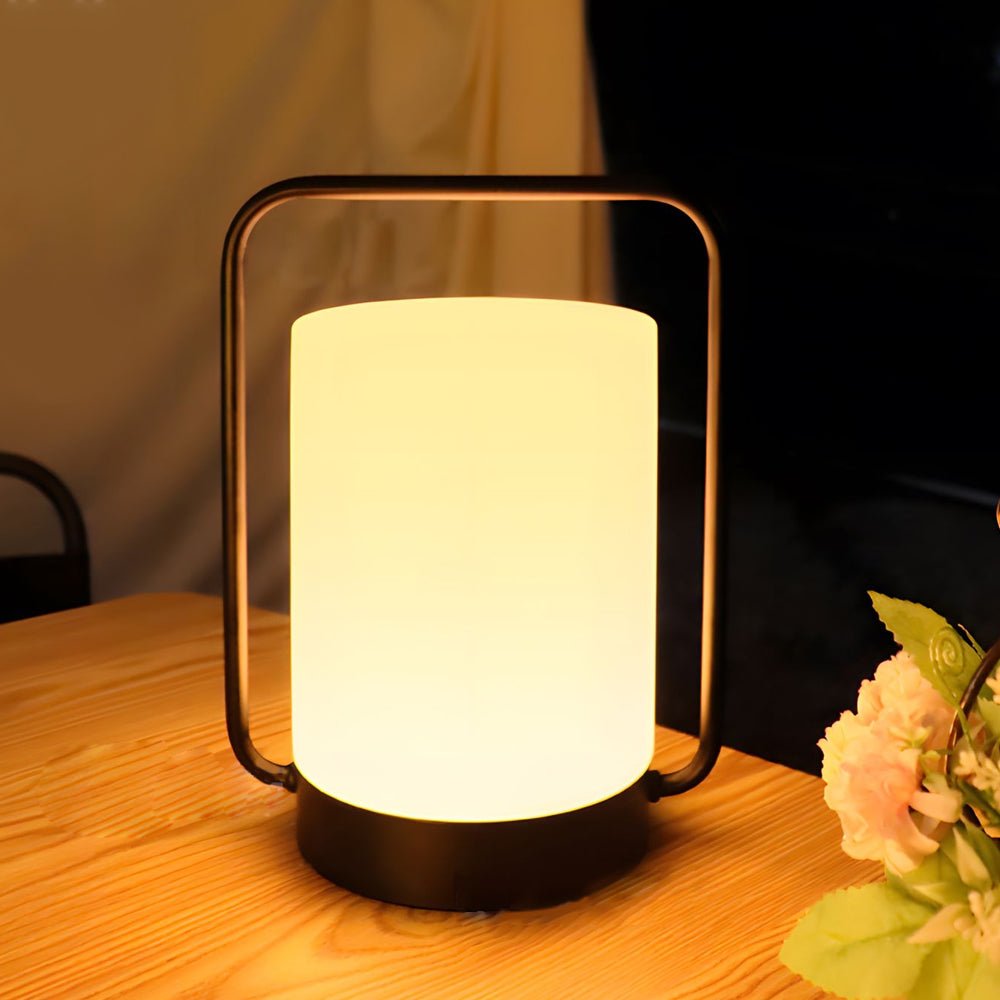 Modern Black Portable Outdoor Table Lamp - USB & IP65 White Cylinder Shade