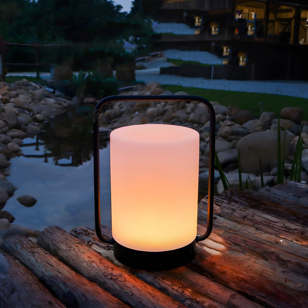 Modern Black Portable Outdoor Table Lamp - USB & IP65 White Cylinder Shade