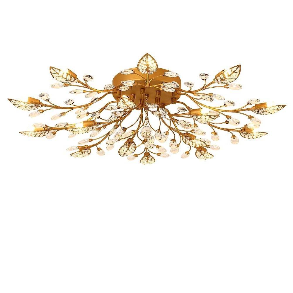 Brass Branch Chandelier - Modern Crystal Leaf Ceiling Light