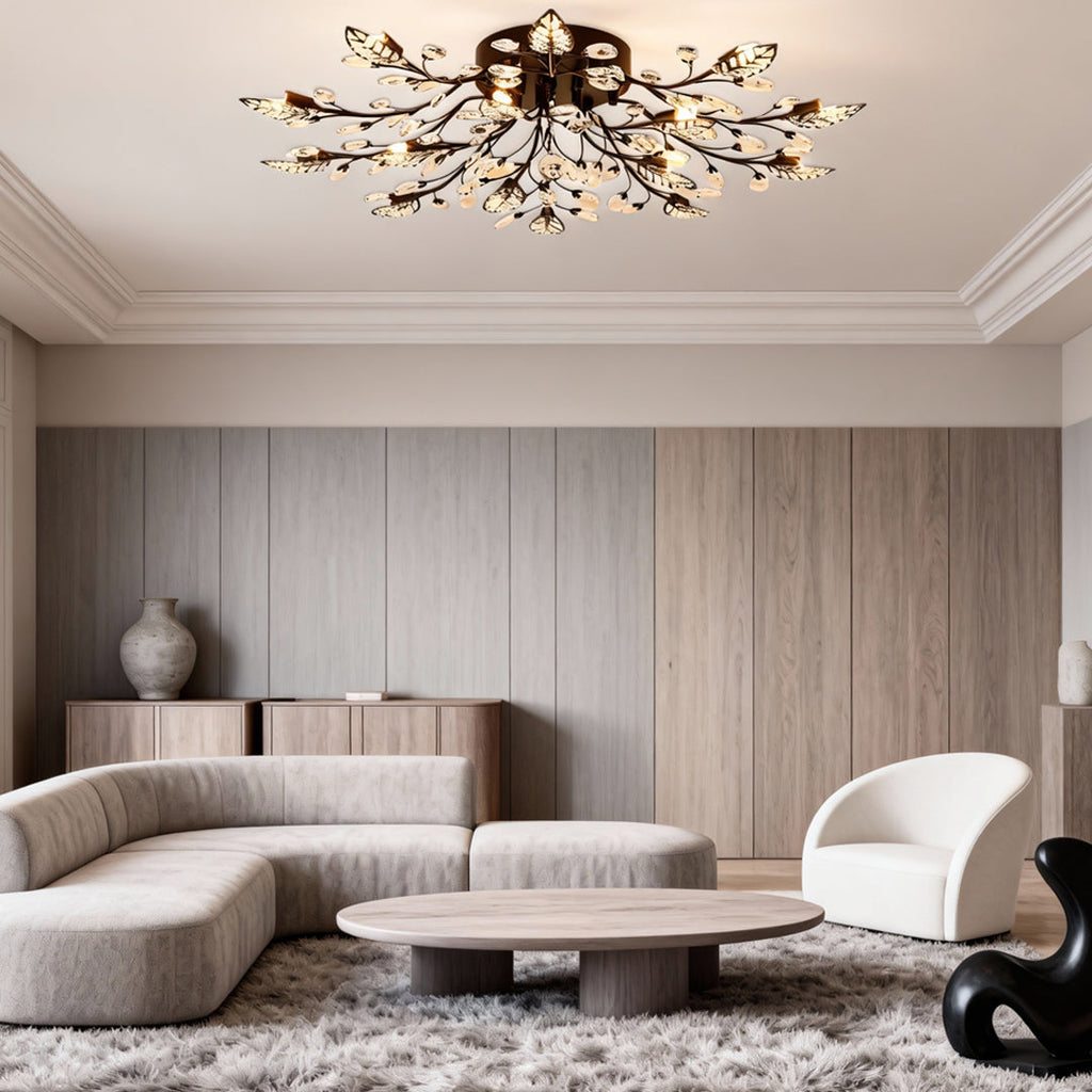 Brass Branch Chandelier - Modern Crystal Leaf Ceiling Light