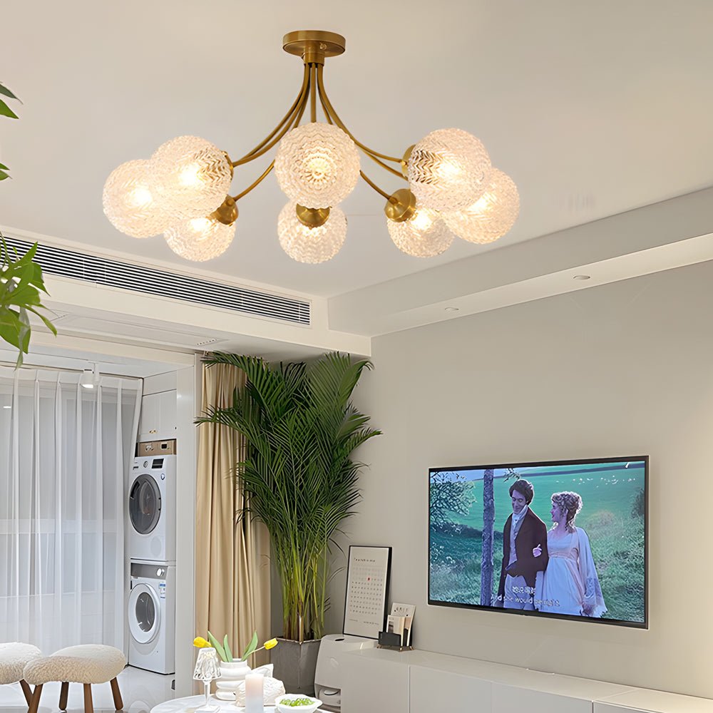Modern Brass Carved Glass Semi-Flush Mount Ceiling Light - 6/8 Light Fixture for Dining Room, Kitchen, and Hallway