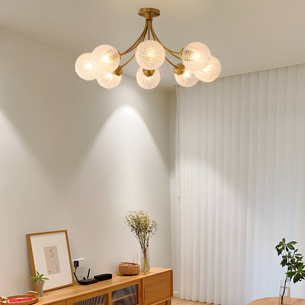 Modern Brass Carved Glass Semi-Flush Mount Ceiling Light - 6/8 Light Fixture for Dining Room, Kitchen, and Hallway