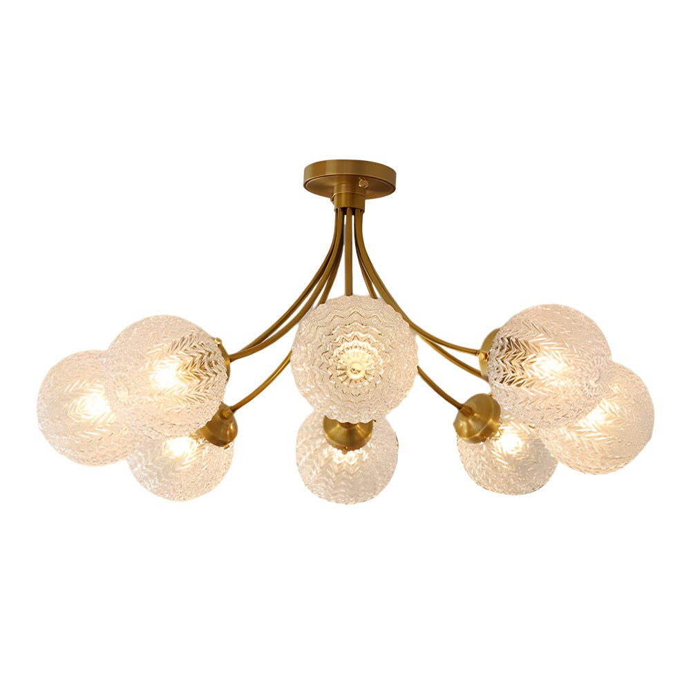 Modern Brass Carved Glass Semi-Flush Mount Ceiling Light - 6/8 Light Fixture for Dining Room, Kitchen, and Hallway