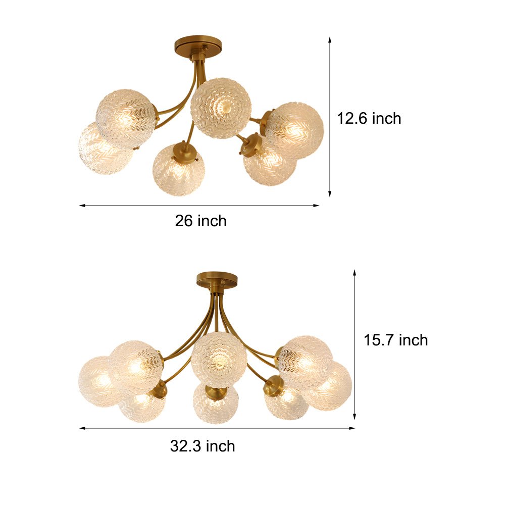 Modern Brass Carved Glass Semi-Flush Mount Ceiling Light - 6/8 Light Fixture for Dining Room, Kitchen, and Hallway