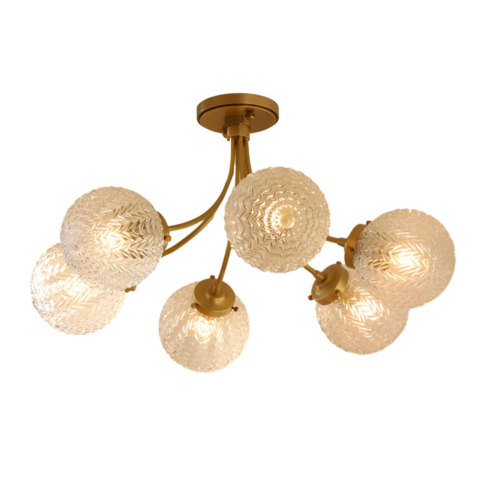 Modern Brass Carved Glass Semi-Flush Mount Ceiling Light - 6/8 Light Fixture for Dining Room, Kitchen, and Hallway