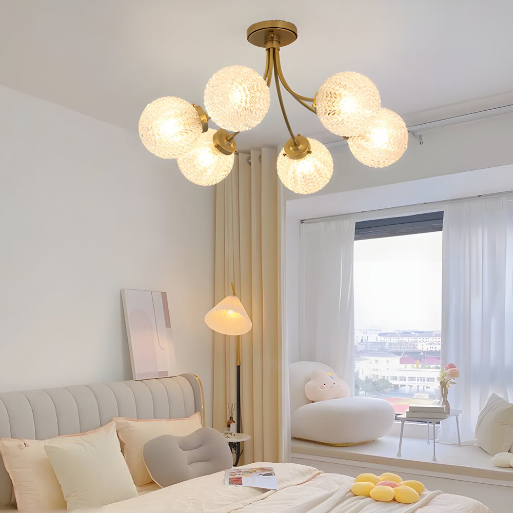 Modern Brass Carved Glass Semi-Flush Mount Ceiling Light - 6/8 Light Fixture for Dining Room, Kitchen, and Hallway