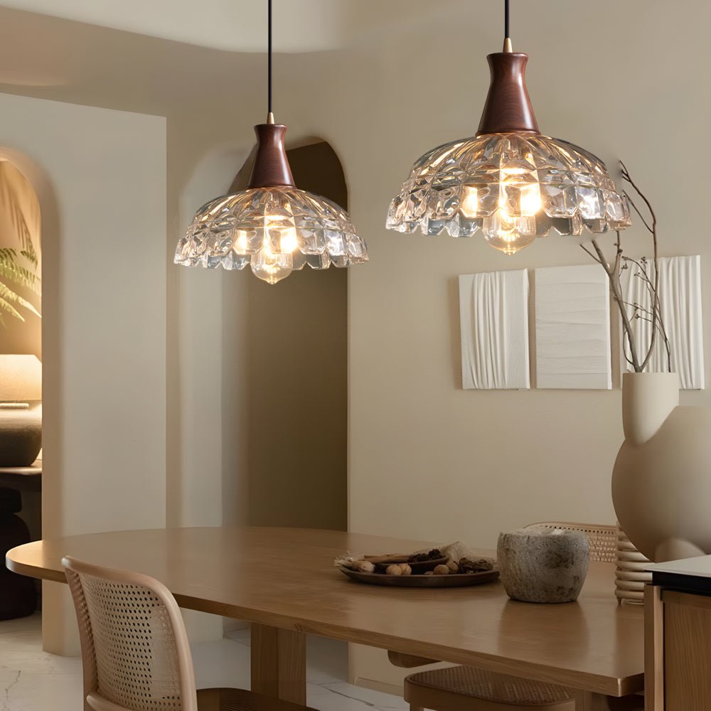 Modern Copper Blossom Pendant Light with Wooden Handle
