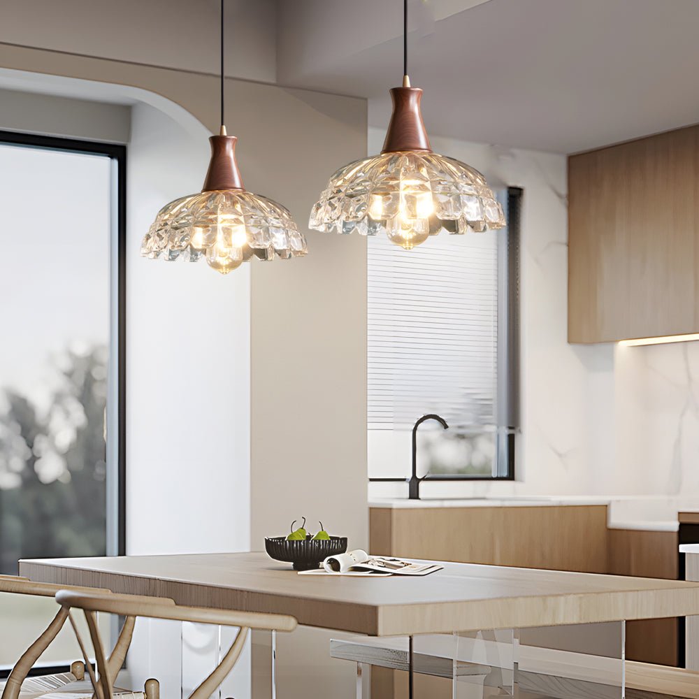 Modern Copper Blossom Pendant Light with Wooden Handle