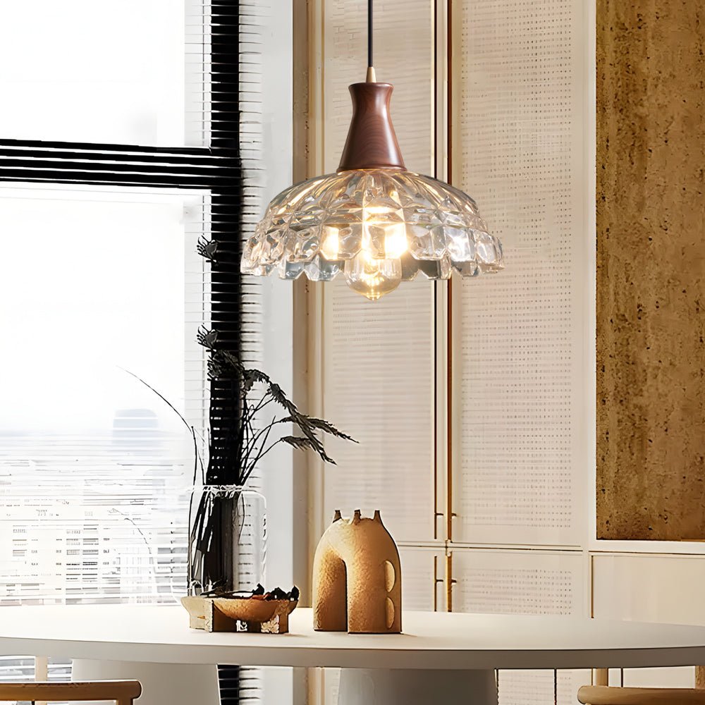 Modern Copper Blossom Pendant Light with Wooden Handle