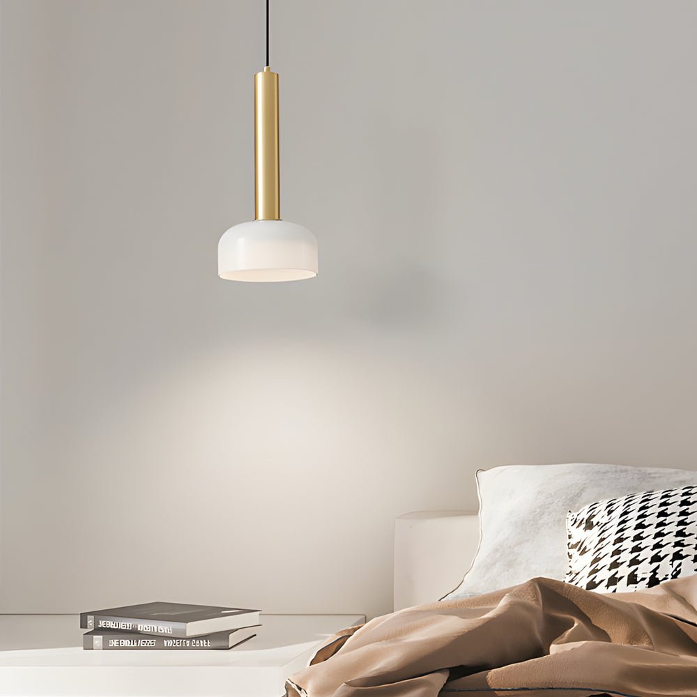 Modern Copper Tube Pendant Light - White Glass Bowl Shade