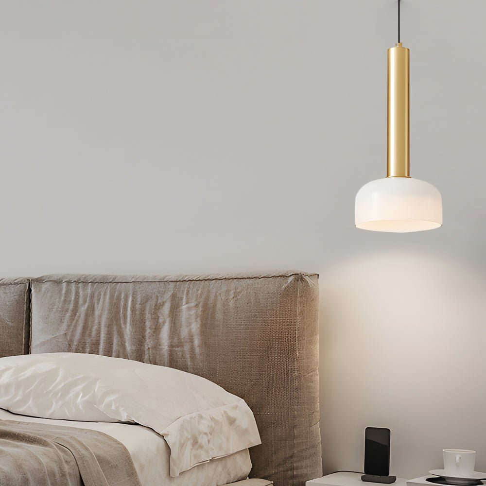Modern Copper Tube Pendant Light - White Glass Bowl Shade
