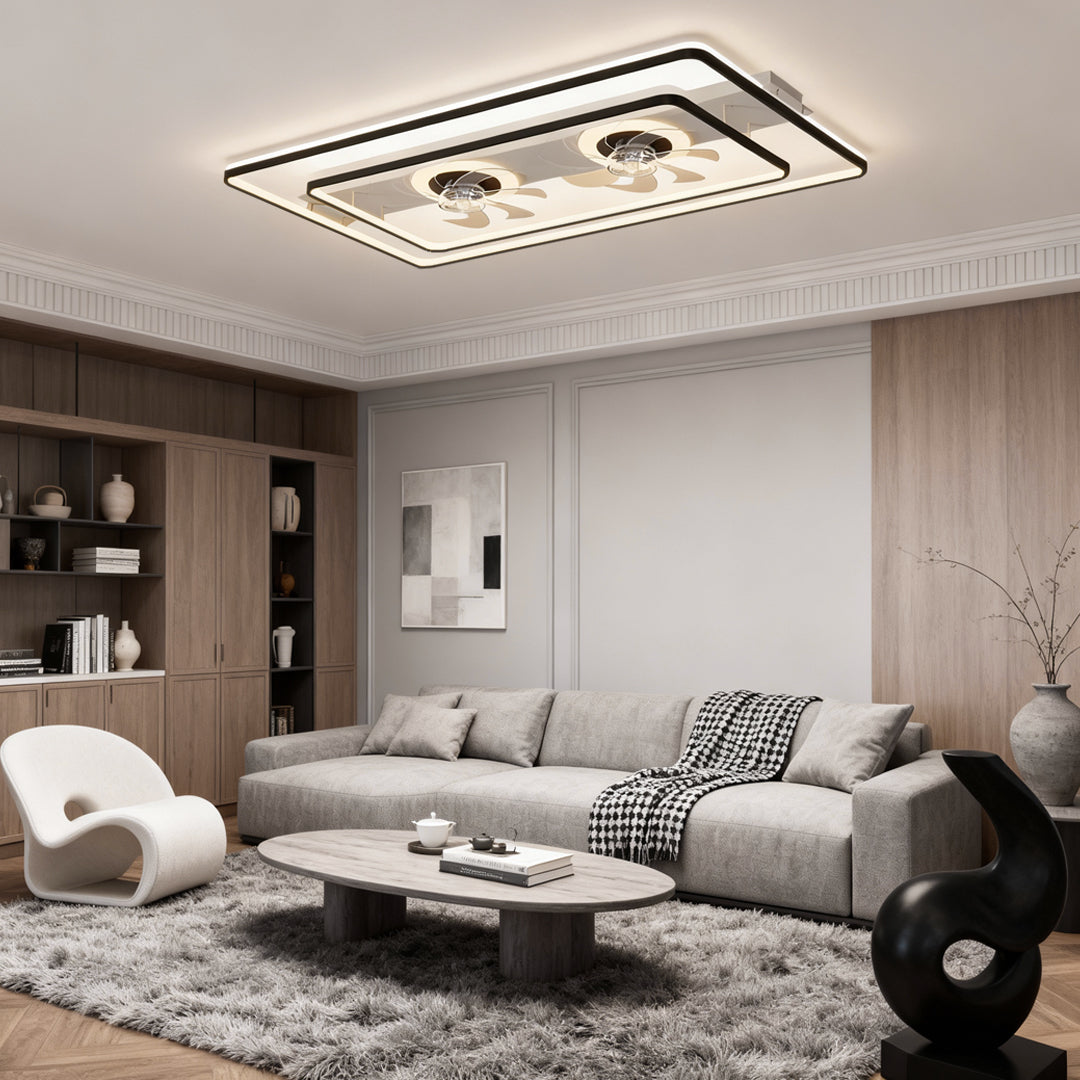 Dual Head Ceiling Fan with LED Light - Rectangular Transparent Blade Design